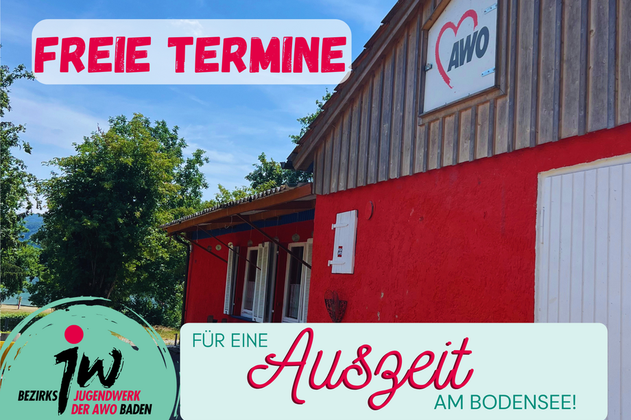 Copilot said:  Freie Termine für eine Auszeit am Bodensee: Rotes AWO-Gebäude mit Logo, umgeben von Bäumen und blauem Himmel.